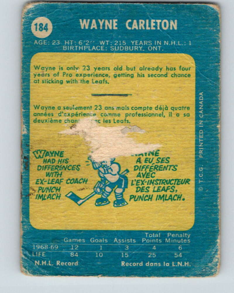 1969-70 O-Pee-Chee #184 Wayne Carleton Toronto Maple Leafs V1777