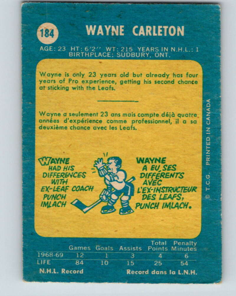 1969-70 O-Pee-Chee #184 Wayne Carleton Toronto Maple Leafs V1778