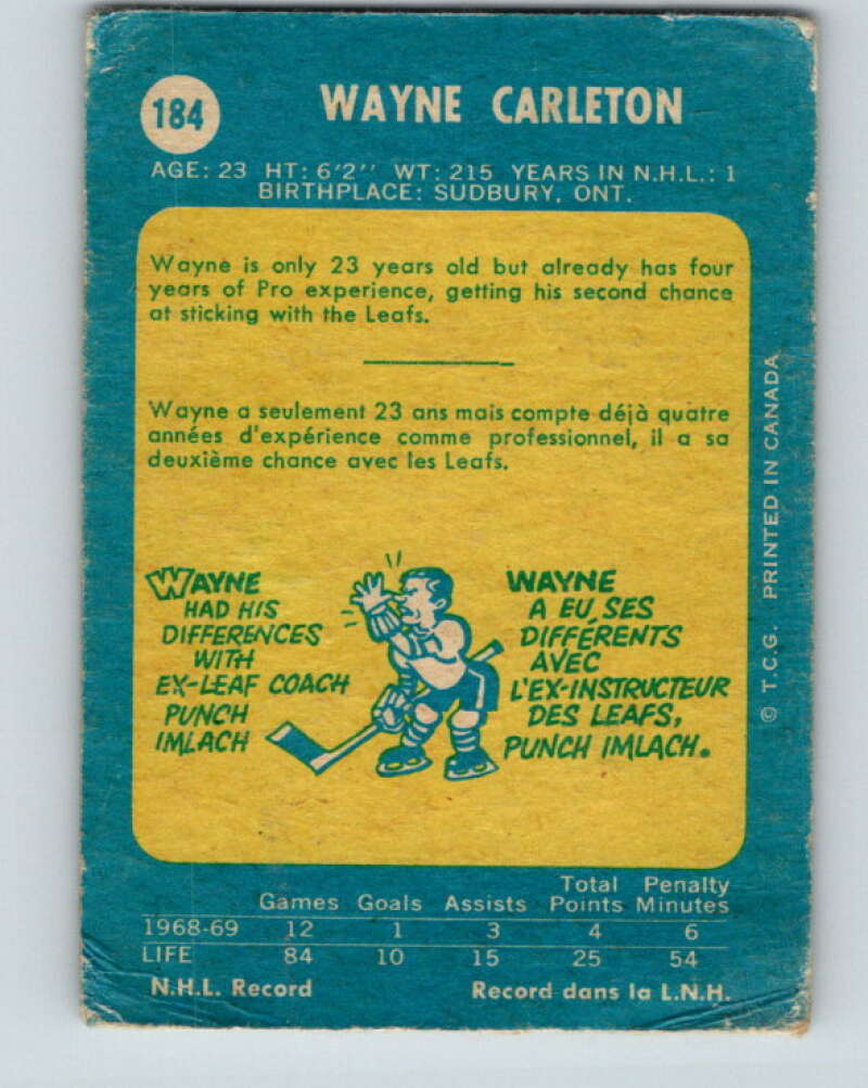1969-70 O-Pee-Chee #184 Wayne Carleton Toronto Maple Leafs V1779