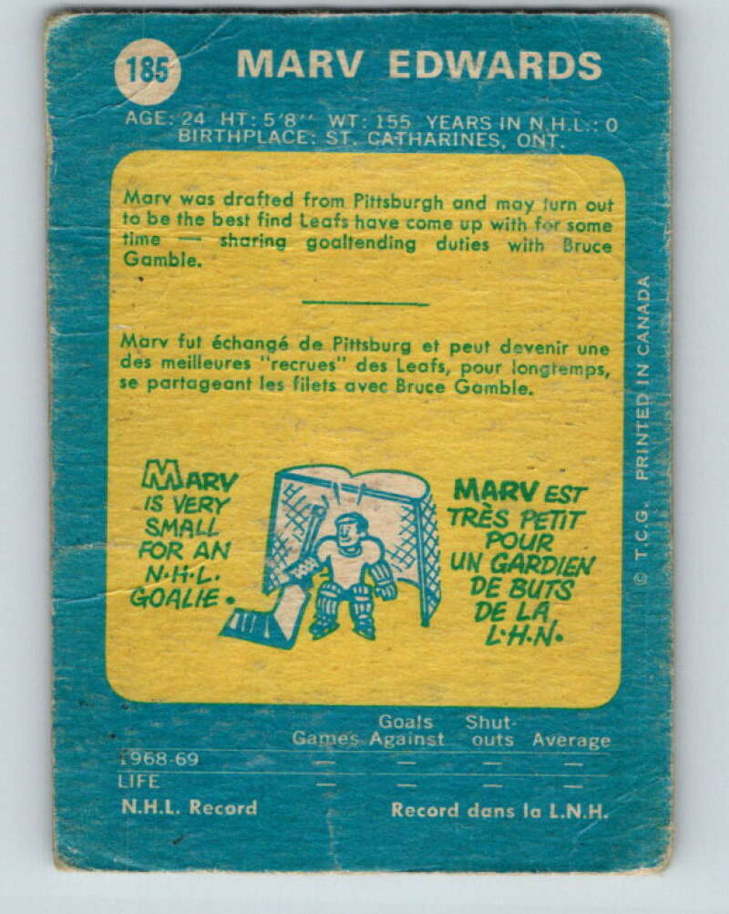 1969-70 O-Pee-Chee #185 Marv Edwards RC Rookie Toronto Maple Leafs V1784