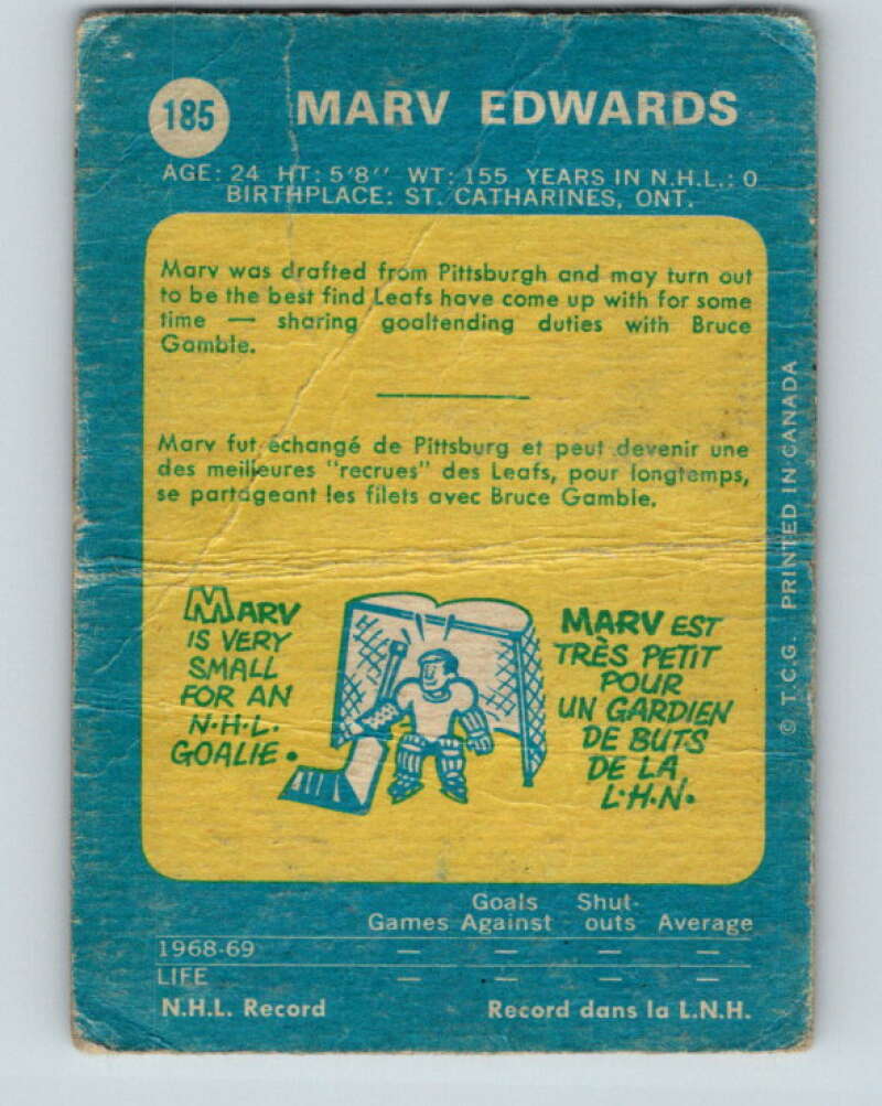 1969-70 O-Pee-Chee #185 Marv Edwards RC Rookie Toronto Maple Leafs V1785