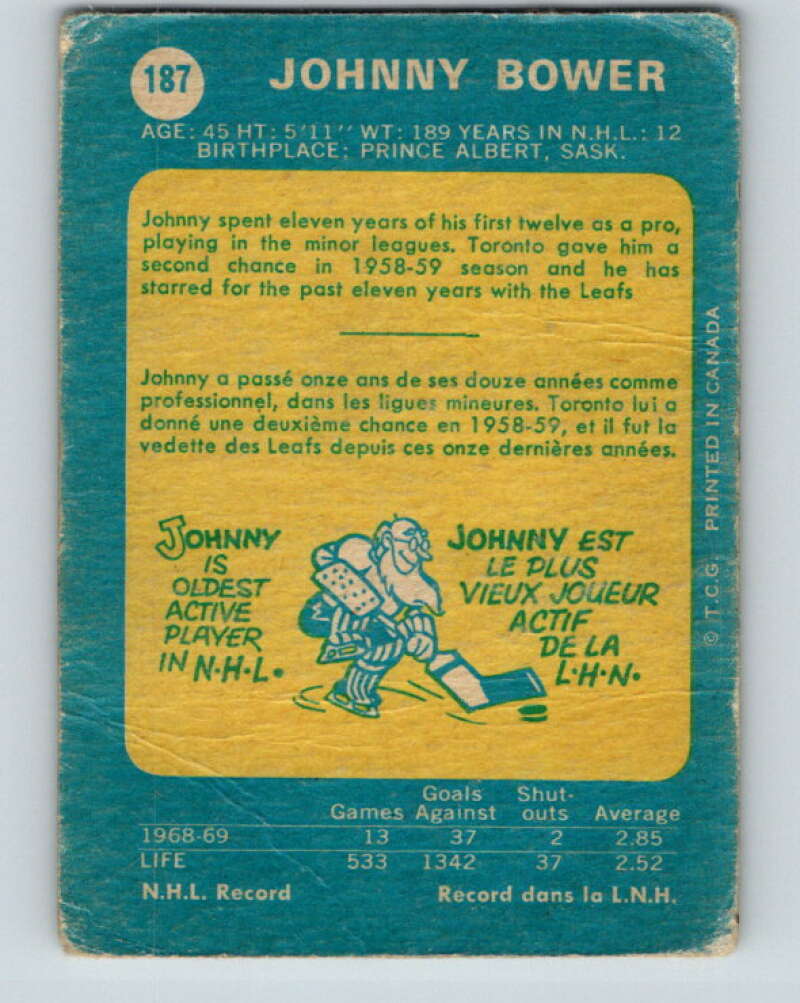 1969-70 O-Pee-Chee #187 Johnny Bower Toronto Maple Leafs V1801