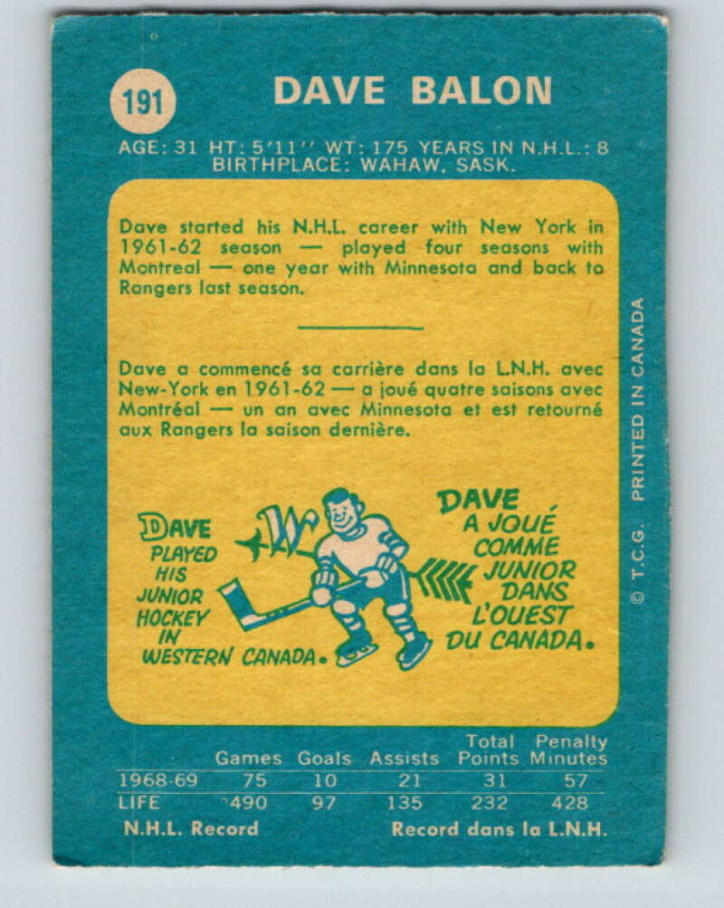 1969-70 O-Pee-Chee #191 Dave Balon New York Rangers V1829