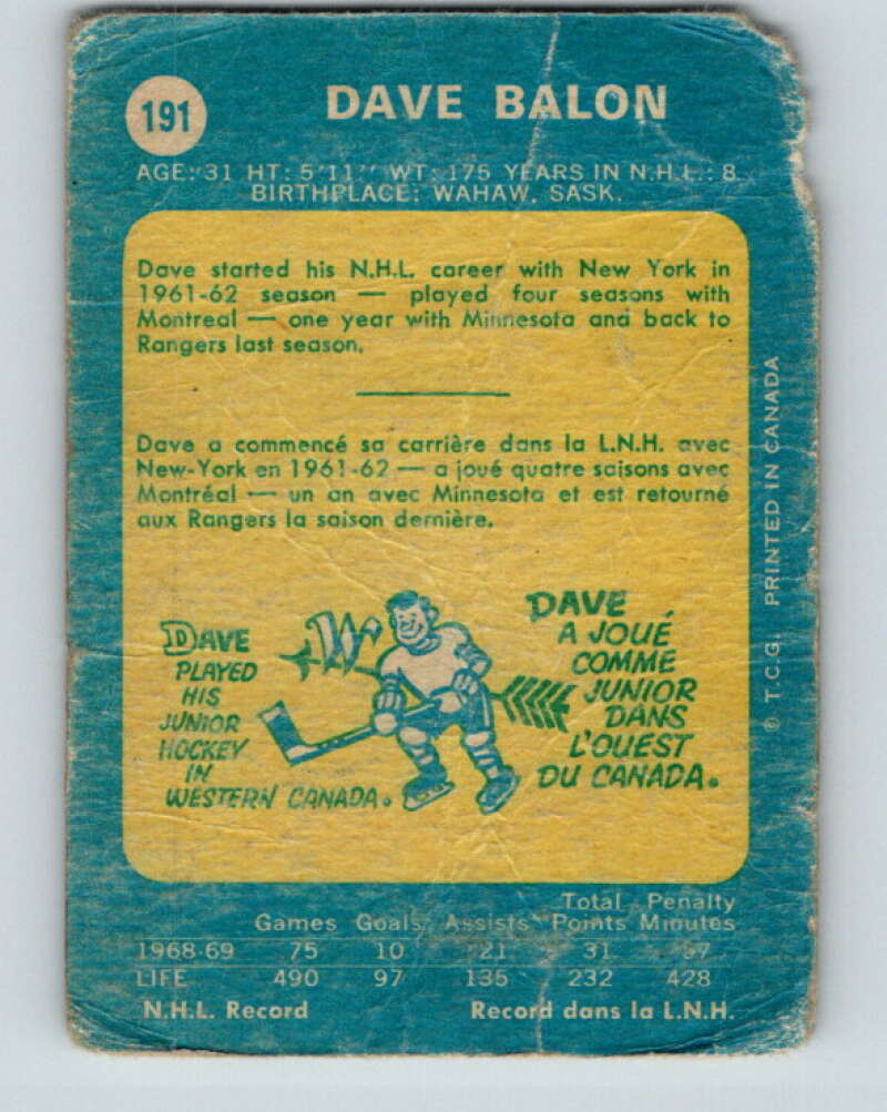 1969-70 O-Pee-Chee #191 Dave Balon New York Rangers V1830