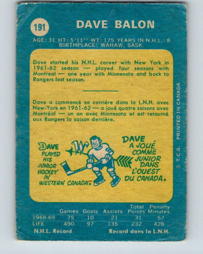 1969-70 O-Pee-Chee #191 Dave Balon New York Rangers V1831