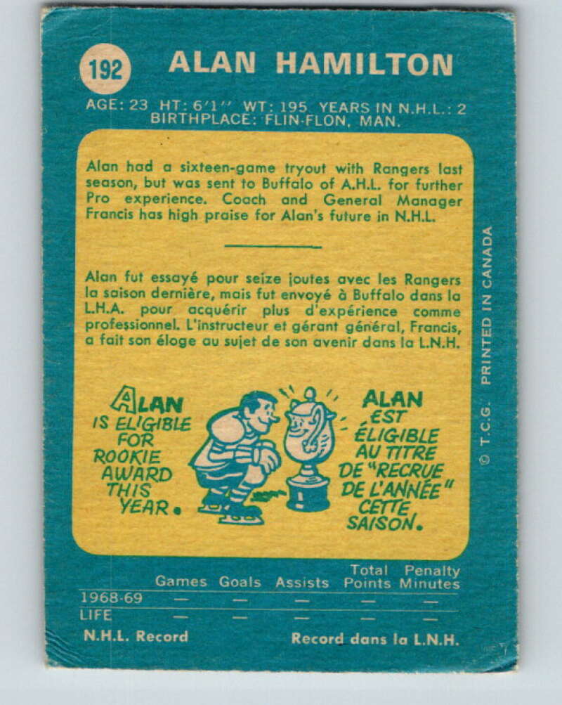 1969-70 O-Pee-Chee #192 Al Hamilton New York Rangers V1834