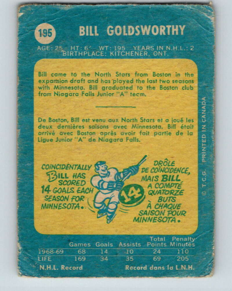 1969-70 O-Pee-Chee #195 Bill Goldsworthy Minnesota North Stars V1845