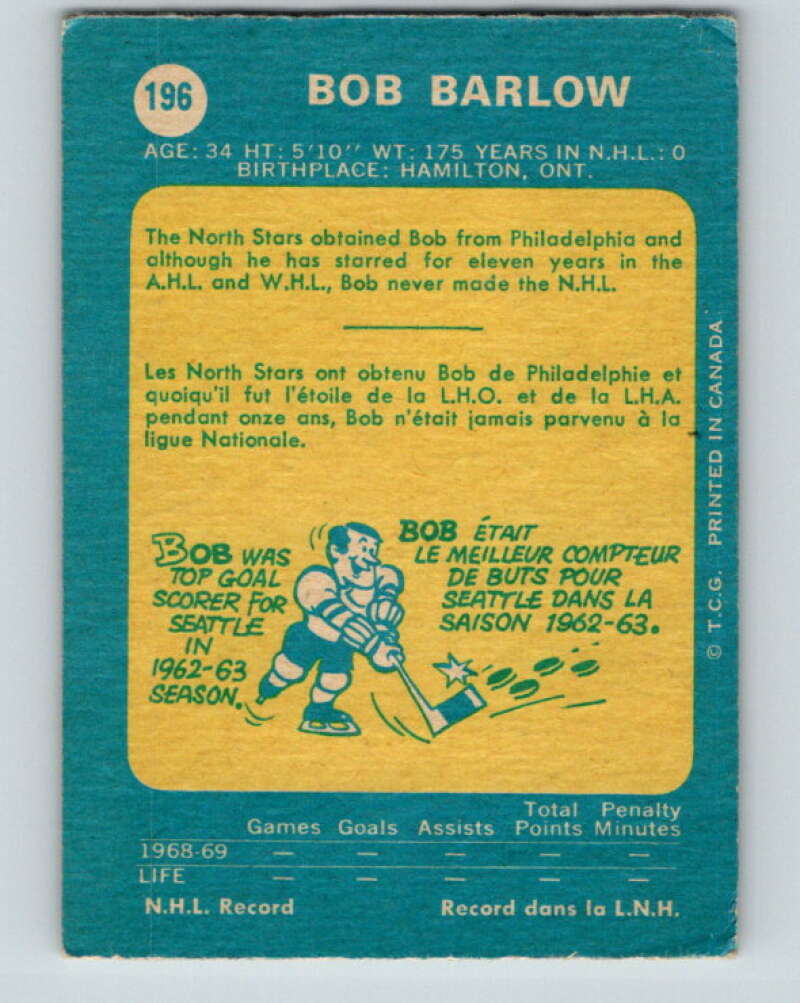 1969-70 O-Pee-Chee #196 Bob Barlow RC Rookie Minnesota North Stars V1847