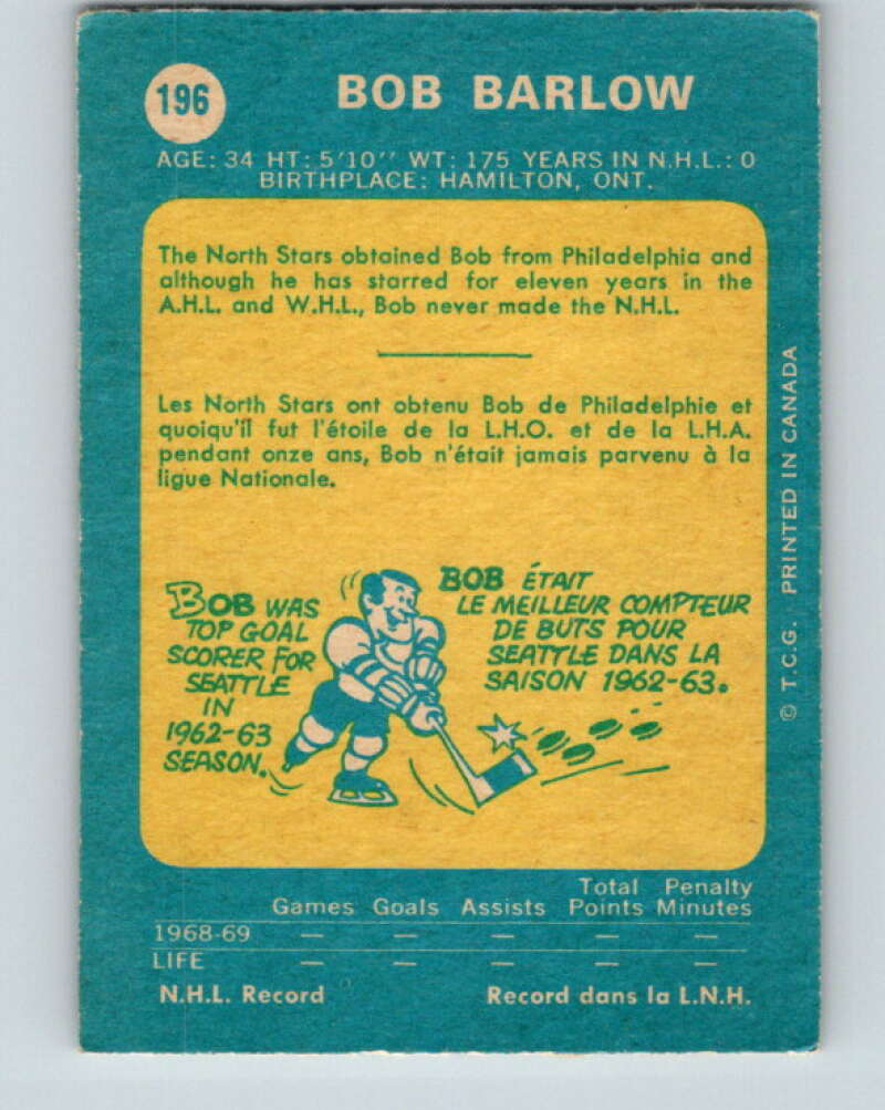 1969-70 O-Pee-Chee #196 Bob Barlow RC Rookie Minnesota North Stars V1848