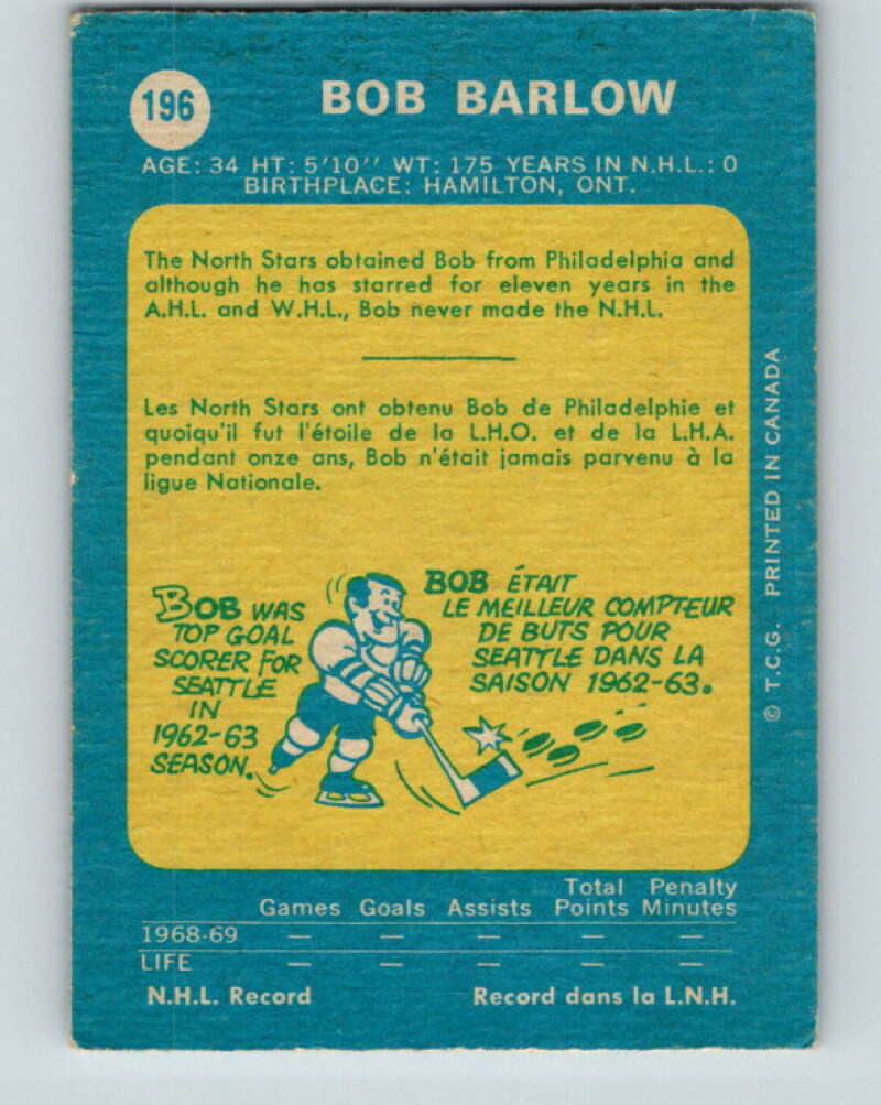 1969-70 O-Pee-Chee #196 Bob Barlow RC Rookie Minnesota North Stars V1849