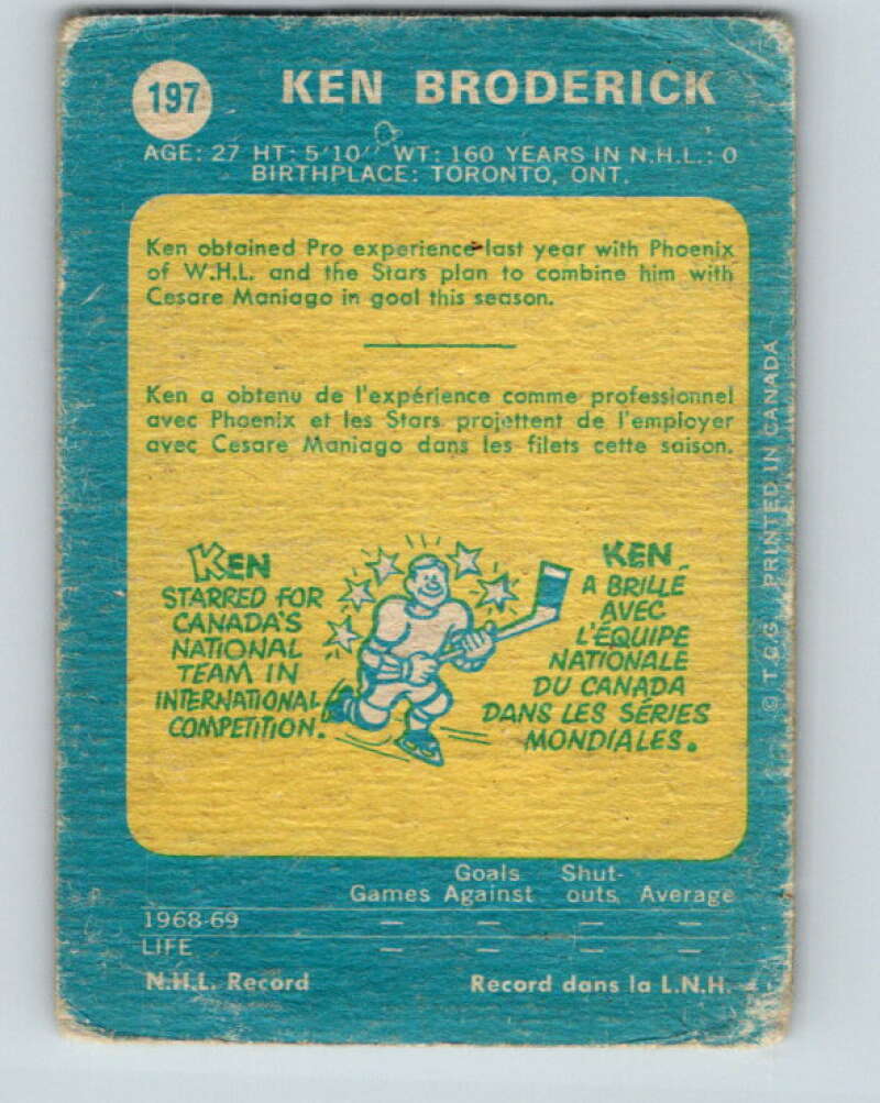 1969-70 O-Pee-Chee #197 Ken Broderick RC Rookie North Stars V1853
