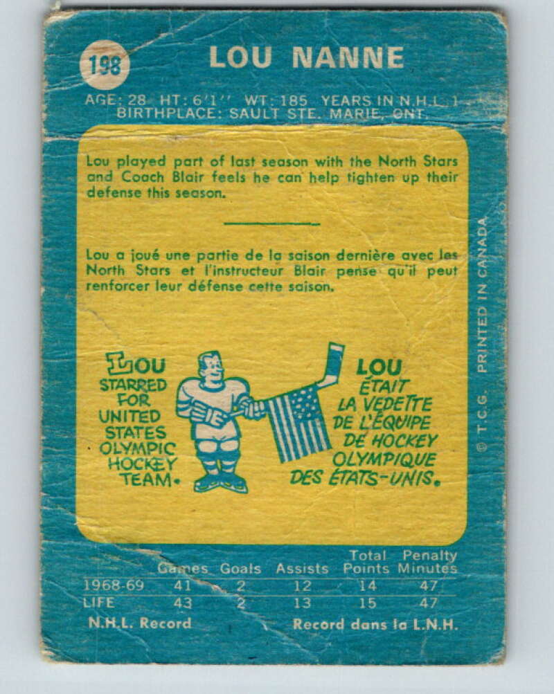1969-70 O-Pee-Chee #198 Lou Nanne RC Rookie Minnesota North Stars V1856