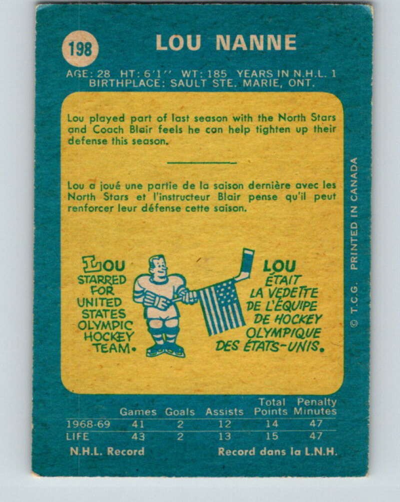 1969-70 O-Pee-Chee #198 Lou Nanne RC Rookie Minnesota North Stars V1858