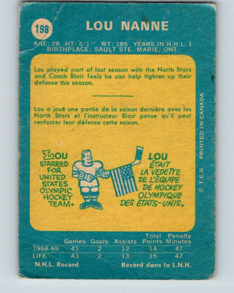 1969-70 O-Pee-Chee #198 Lou Nanne RC Rookie Minnesota North Stars V1860