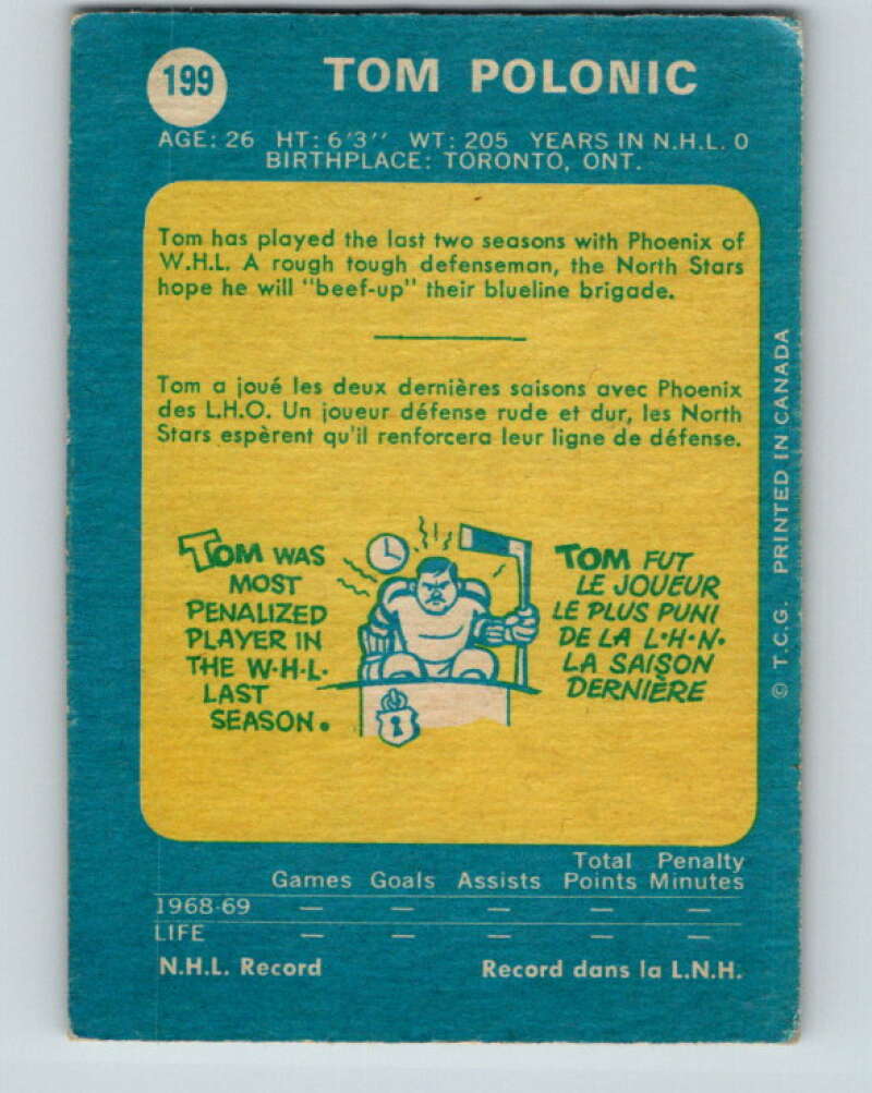 1969-70 O-Pee-Chee #199 Tom Polanic RC Rookie Minnesota North Stars V1867