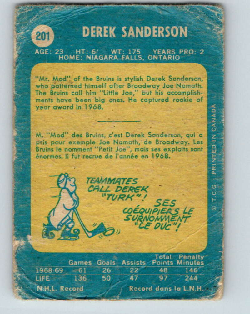 1969-70 O-Pee-Chee #201 Derek Sanderson Boston Bruins V1877