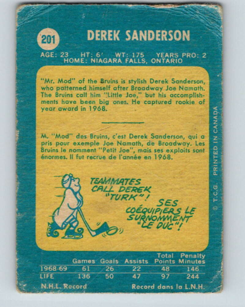 1969-70 O-Pee-Chee #201 Derek Sanderson Boston Bruins V1878