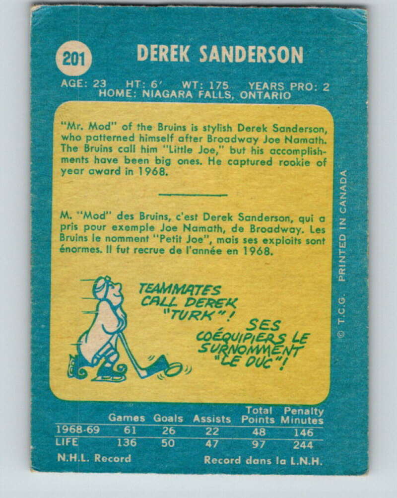 1969-70 O-Pee-Chee #201 Derek Sanderson Boston Bruins V1882