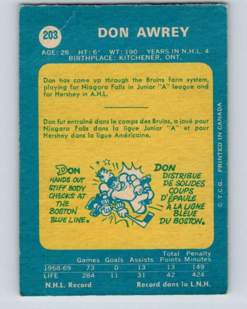 1969-70 O-Pee-Chee #203 Don Awrey Boston Bruins V1892