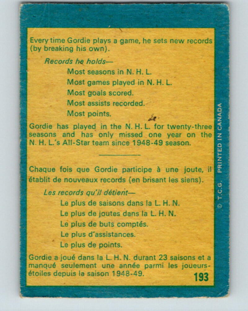 1969-70 O-Pee-Chee #193b Gordie Howe Detroit Red Wings V2032