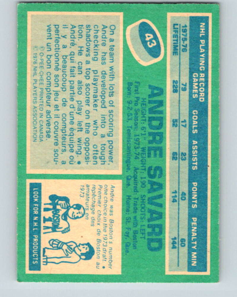 1976-77 OPC #43 Andre Savard Buffalo Sabres V2052