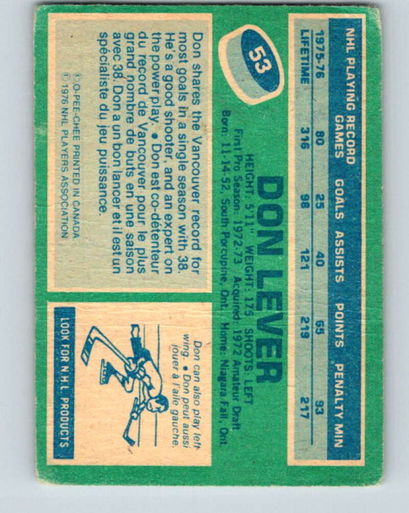 1976-77 OPC #53 Don Lever Vancouver Canucks V2054