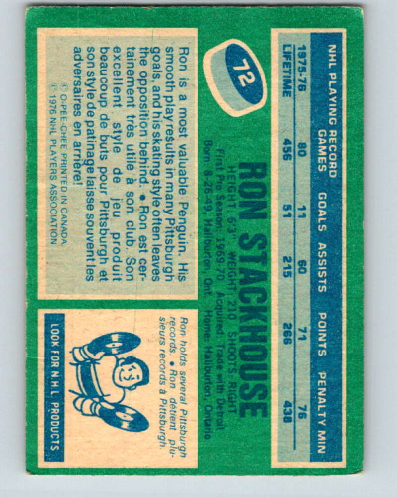 1976-77 OPC #72 Ron Stackhouse Pittsburgh Penguins V2068
