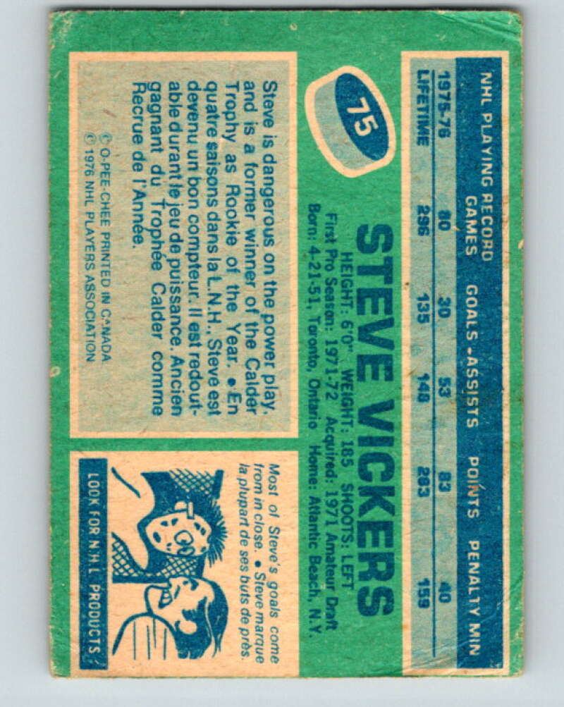 1976-77 OPC #75 Steve Vickers New York Rangers V2070