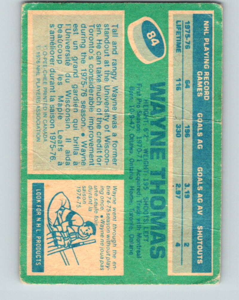 1976-77 OPC #84 Wayne Thomas Toronto Maple Leafs V2075