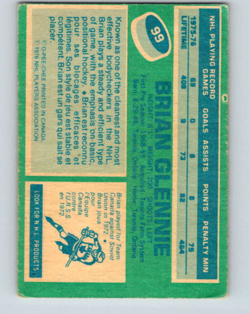 1976-77 OPC #99 Brian Glennie Toronto Maple Leafs V2083