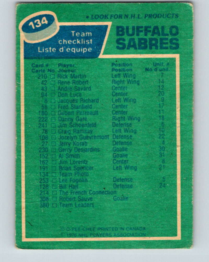 1976-77 OPC #134 Buffalo Sabres CL Buffalo Sabres V2109