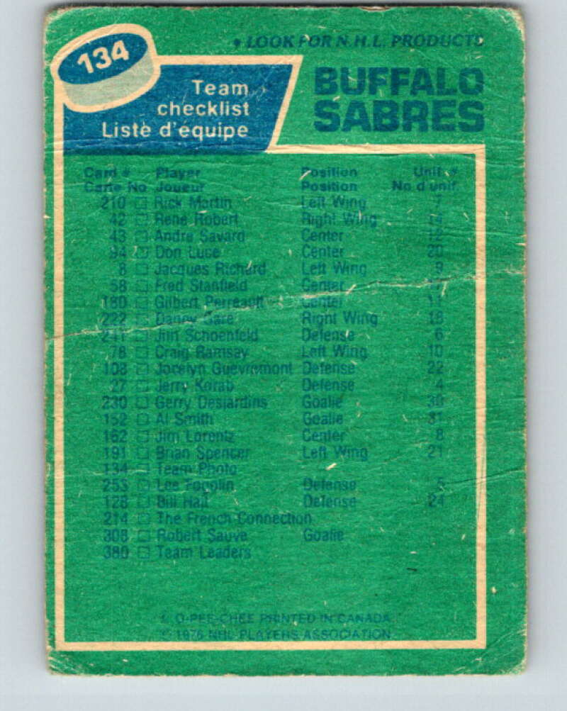 1976-77 OPC #134 Buffalo Sabres CL Buffalo Sabres V2110
