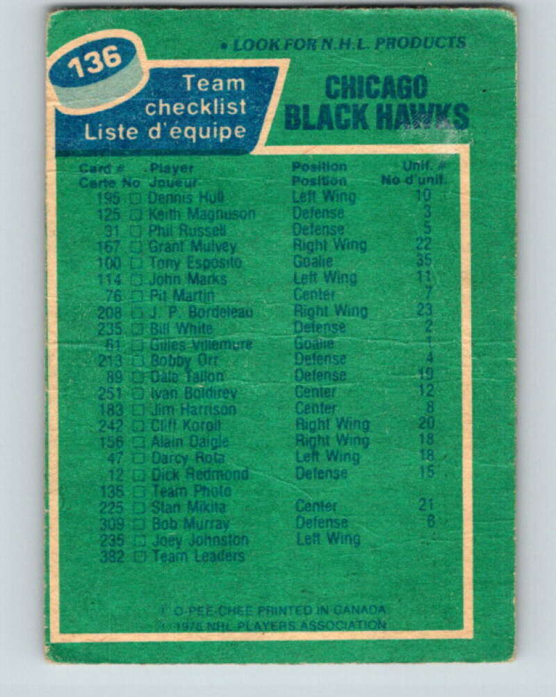 1976-77 OPC #136 Chicago Blackhawks CL Chicago Blackhawks V2112