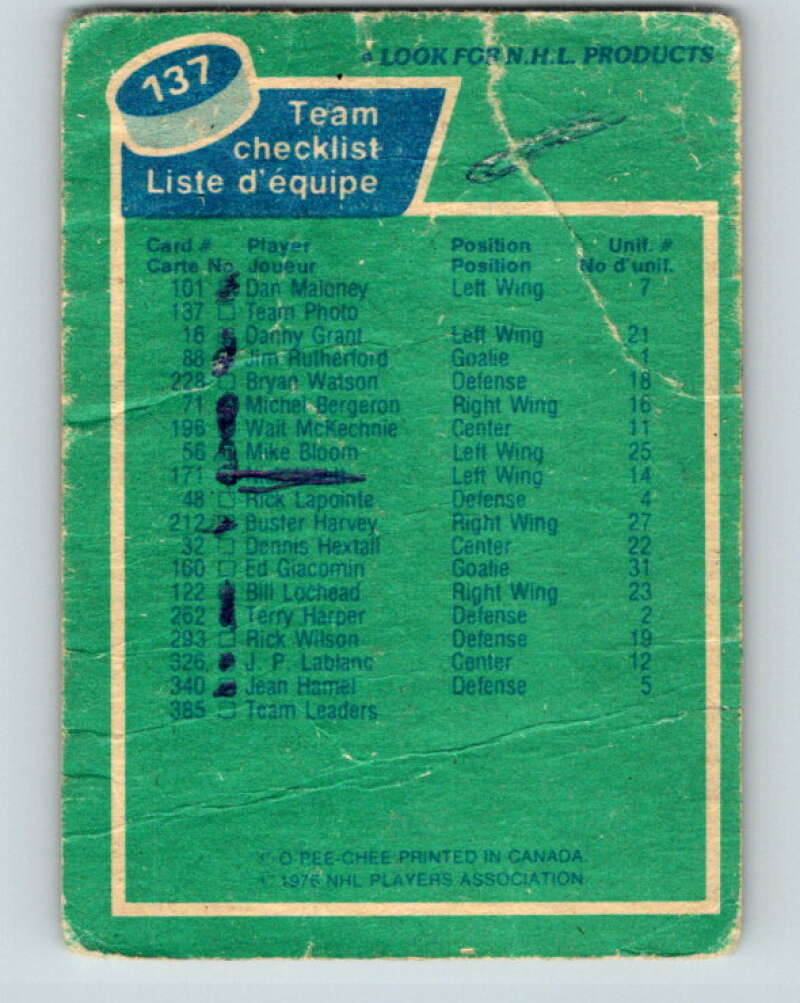 1976-77 OPC #137 Detroit Red Wings CL Detroit Red Wings V2113