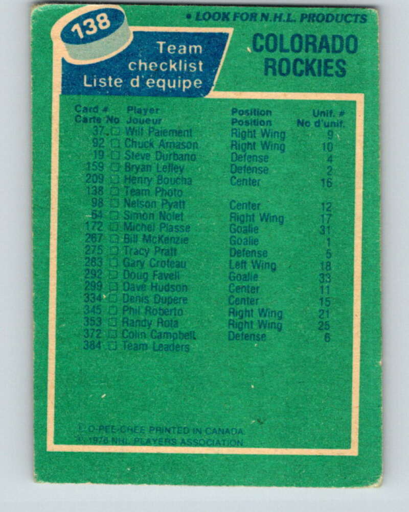 1976-77 OPC #138 Kansas City Scouts CL Kansas City Scouts V2114