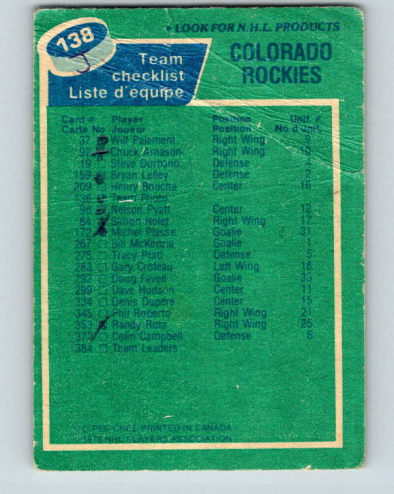 1976-77 OPC #138 Kansas City Scouts CL Kansas City Scouts V2115