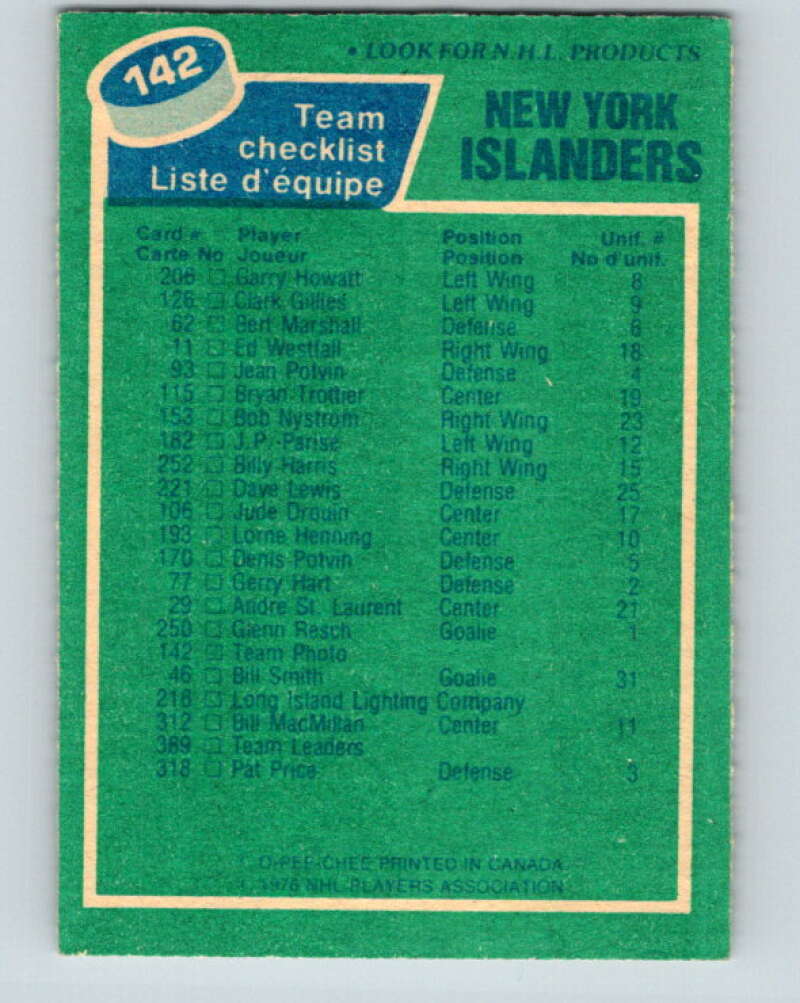 1976-77 OPC #142 New York Islanders CL New York Islanders V2120
