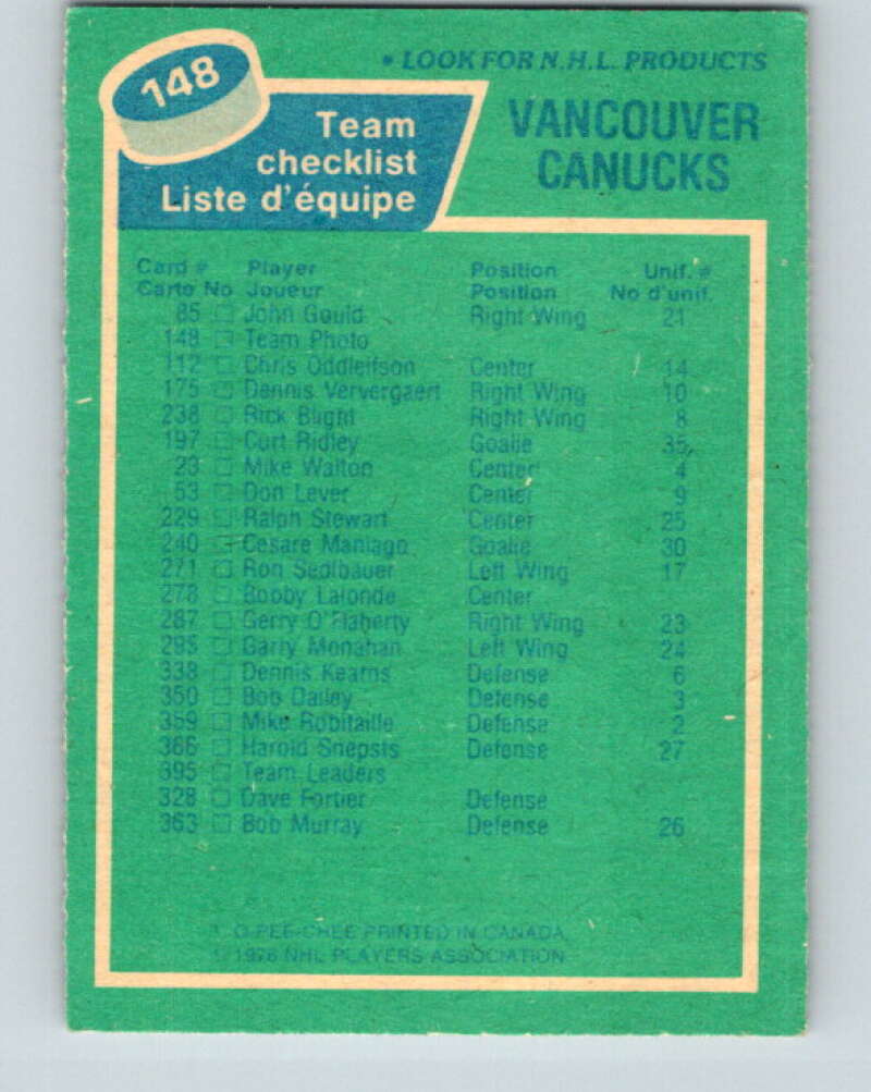 1976-77 OPC #148 Vancouver Canucks CL Vancouver Canucks V2124