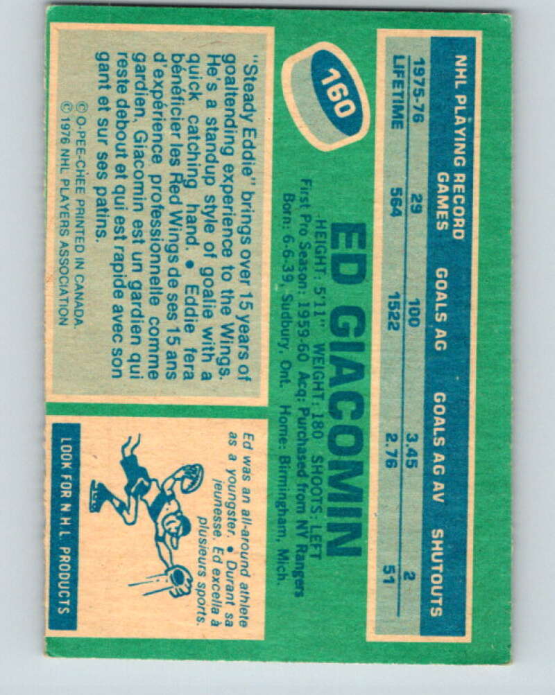 1976-77 OPC #160 Ed Giacomin Detroit Red Wings V2131