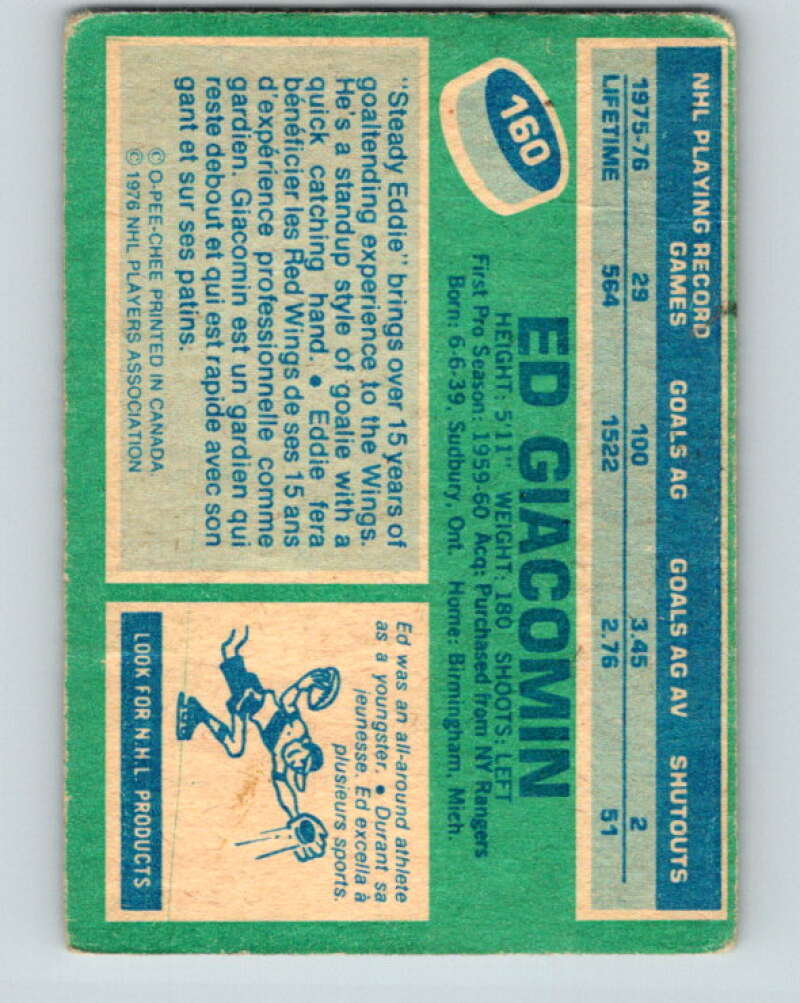 1976-77 OPC #160 Ed Giacomin Detroit Red Wings V2132