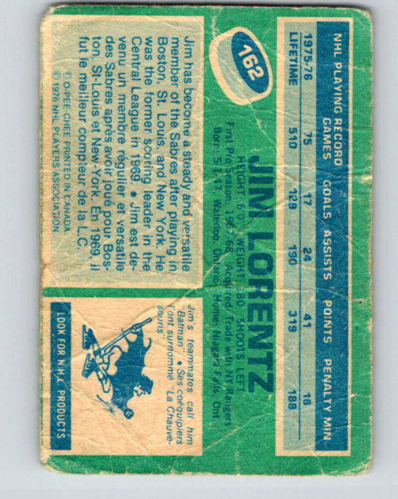 1976-77 OPC #162 Jim Lorentz Buffalo Sabres V2134