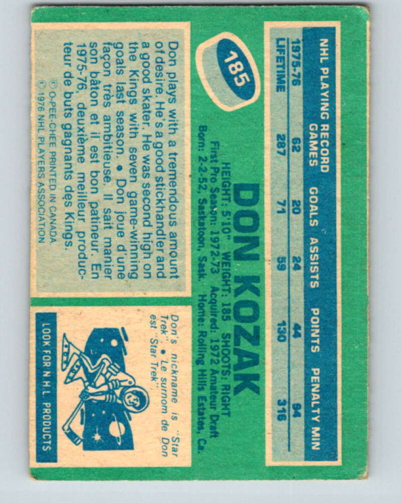 1976-77 OPC #185 Don Kozak Los Angeles Kings V2139