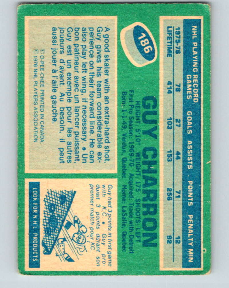 1976-77 OPC #186 Guy Charron Washington Capitals V2142