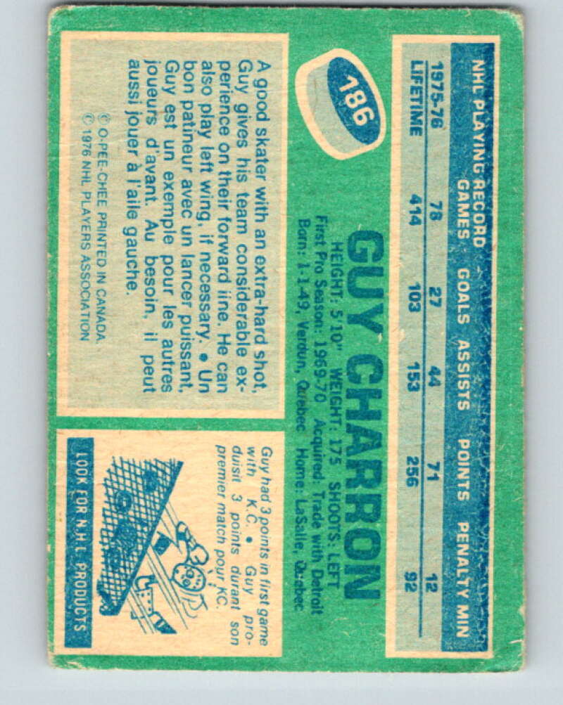 1976-77 OPC #186 Guy Charron Washington Capitals V2143