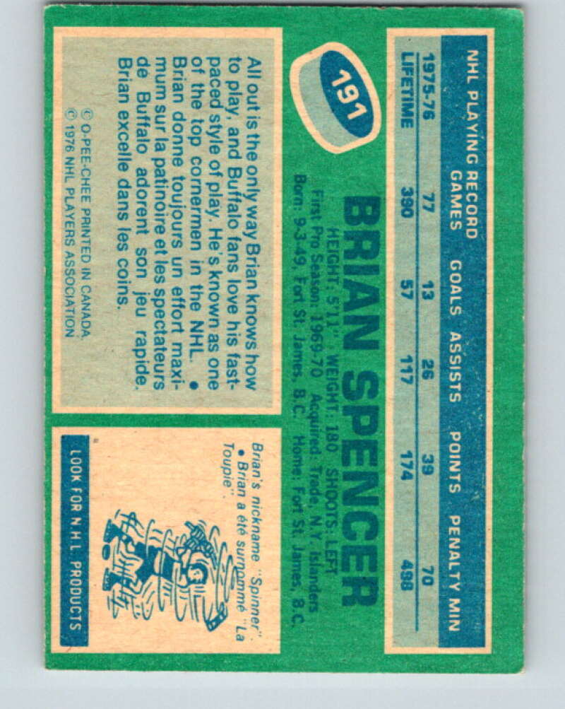 1976-77 OPC #191 Brian Spencer Buffalo Sabres V2146