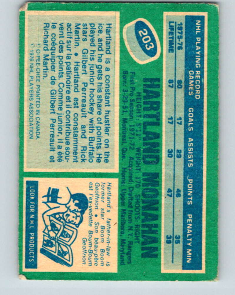 1976-77 OPC #203 Hartland Monahan RC Rookie Washington Capitals V2155