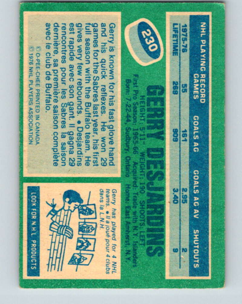 1976-77 OPC #230 Gerry Desjardins Buffalo Sabres V2177