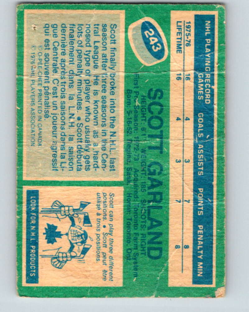 1976-77 OPC #243 Scott Garland RC Rookie Toronto Maple Leafs V2187