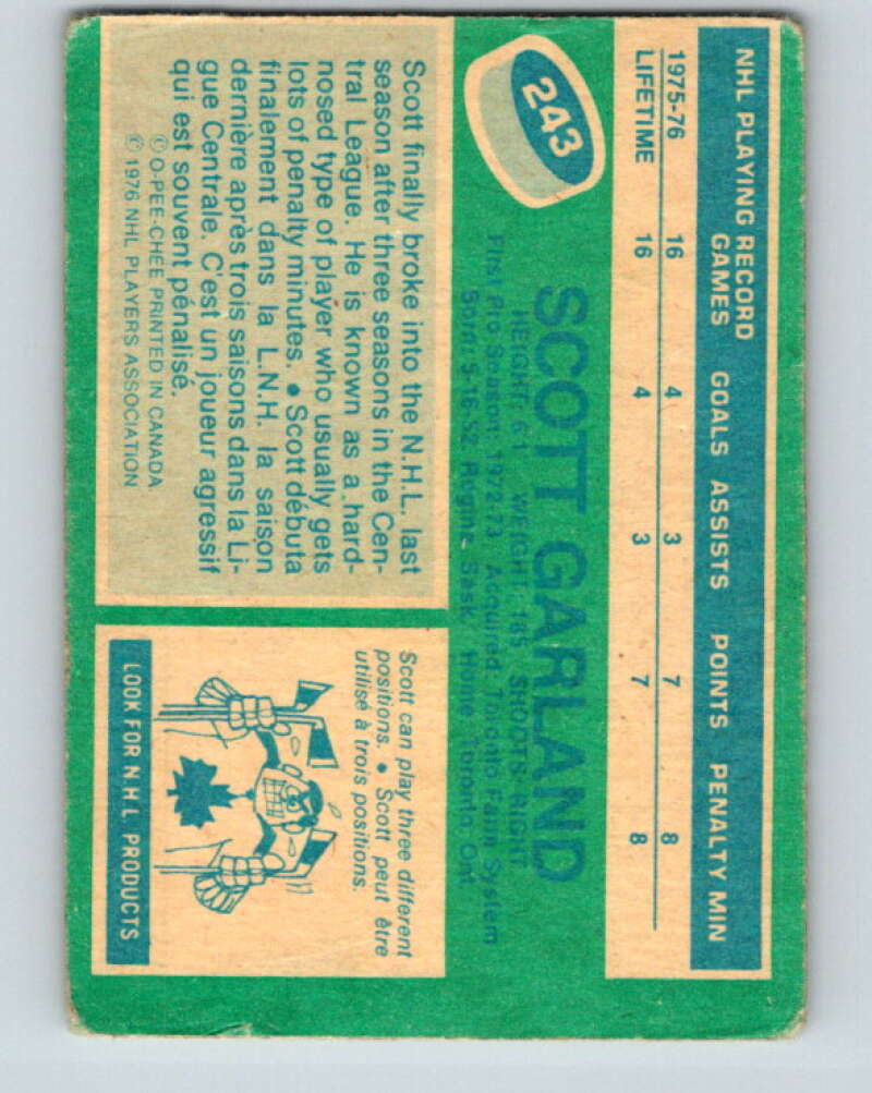 1976-77 OPC #243 Scott Garland RC Rookie Toronto Maple Leafs V2188
