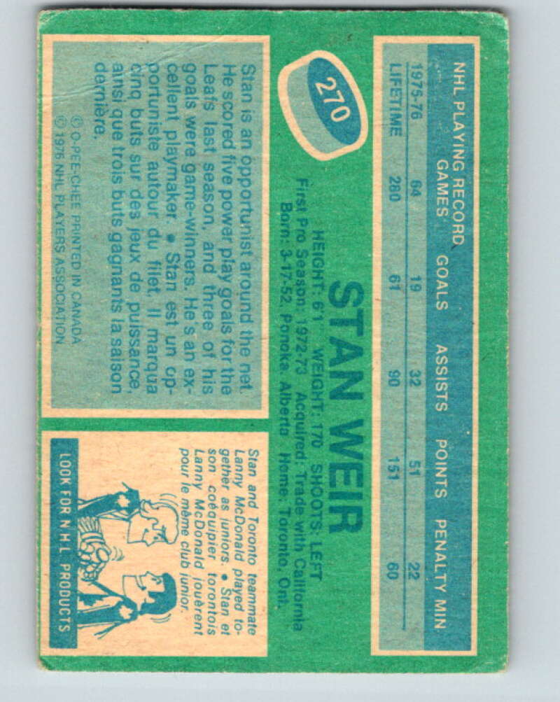 1976-77 OPC #270 Stan Weir Toronto Maple Leafs V2215